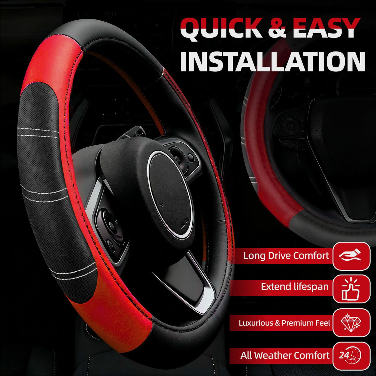 NBTEPEM steering wheel cover close-up showing stitching and improved grip for safer handling