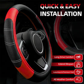 NBTEPEM steering wheel cover close-up showing stitching and improved grip for safer handling