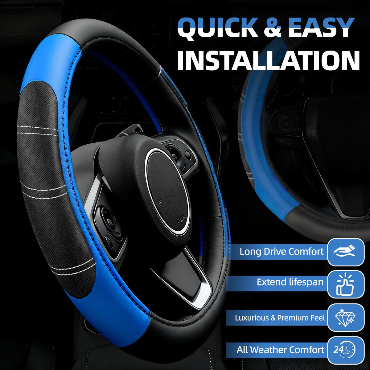 NBTEPEM steering wheel cover closeup showing microfiber texture and comfortable grip