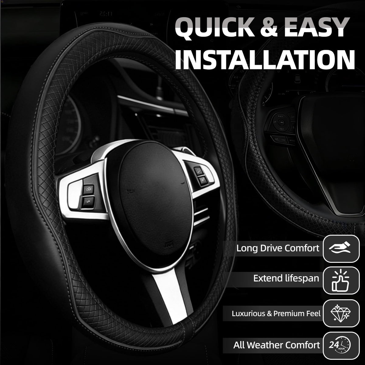 NBTEPEM steering wheel cover close-up showing grip texture and comfort benefit