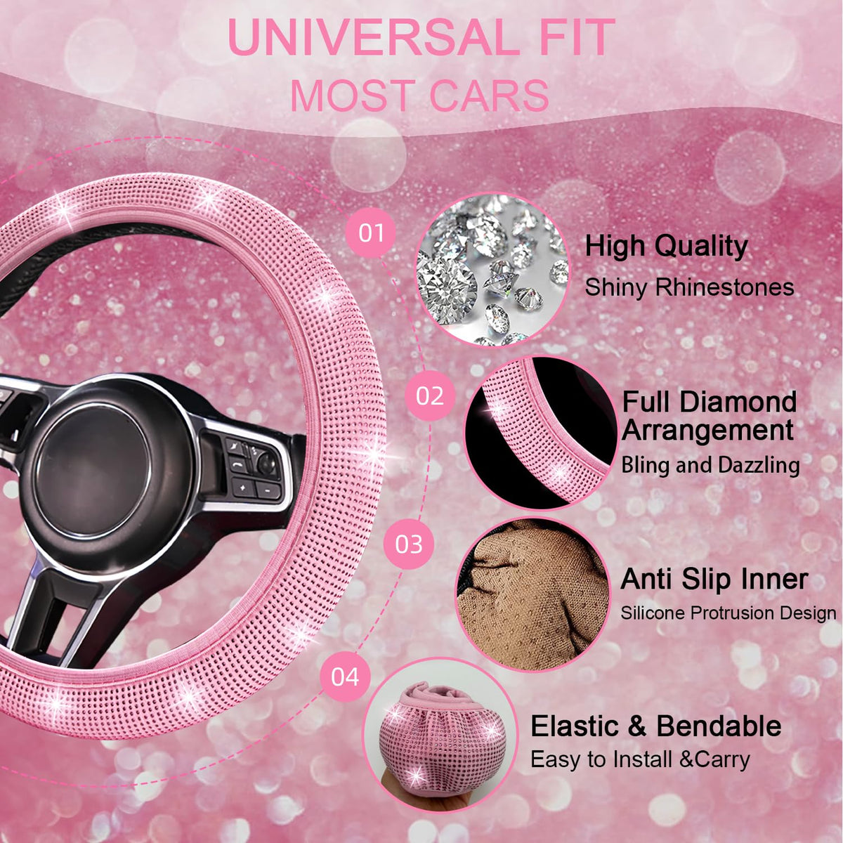 NBTEPEM steering wheel cover close-up highlighting rhinestone sparkle