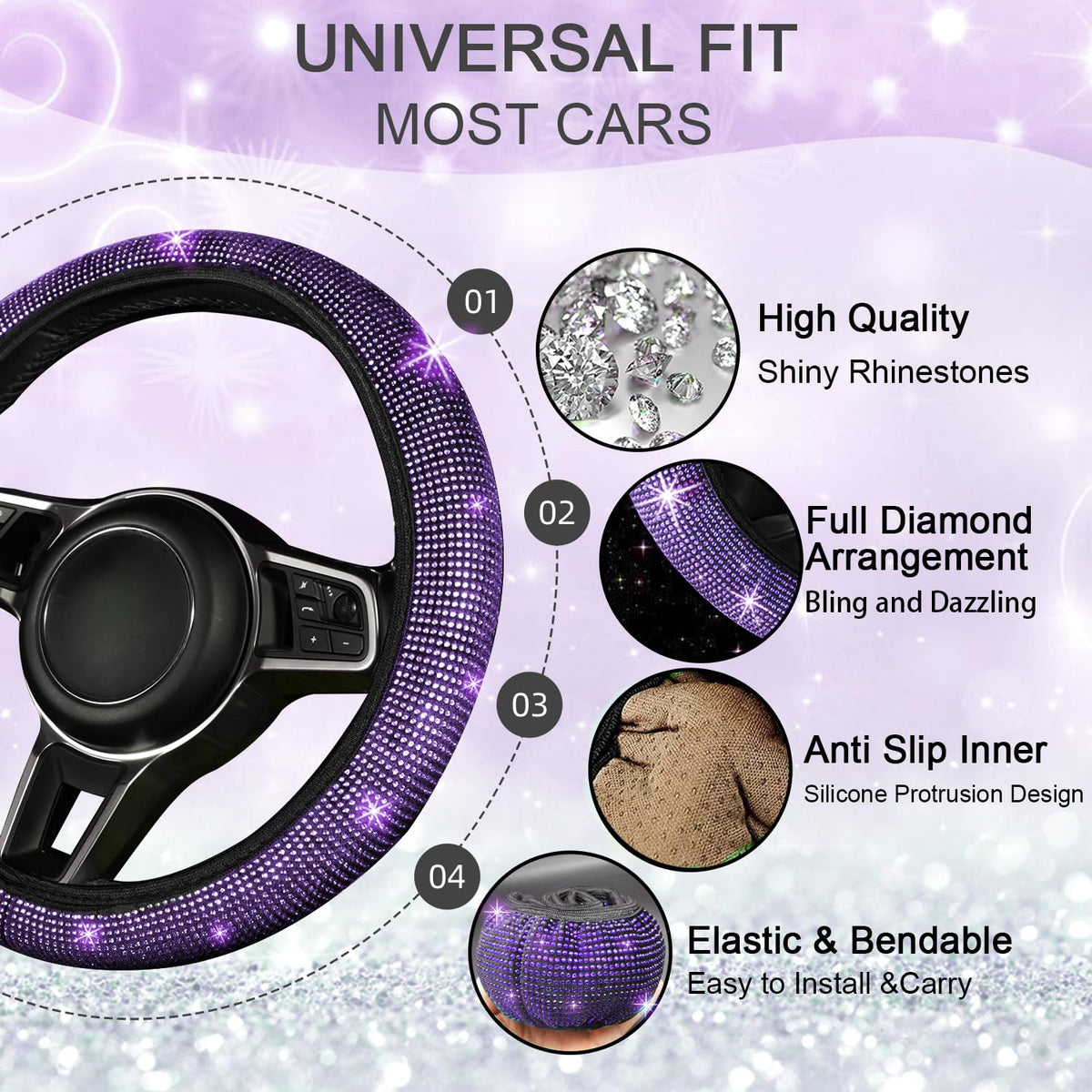 NBTEPEM steering wheel cover close-up showing rhinestone texture and easy fit benefit