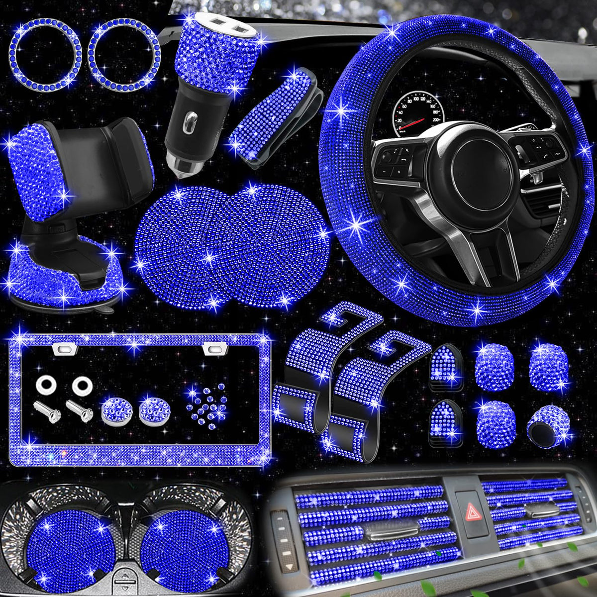NBTEPEM steering wheel cover front view showing blue rhinestones and enhanced grip