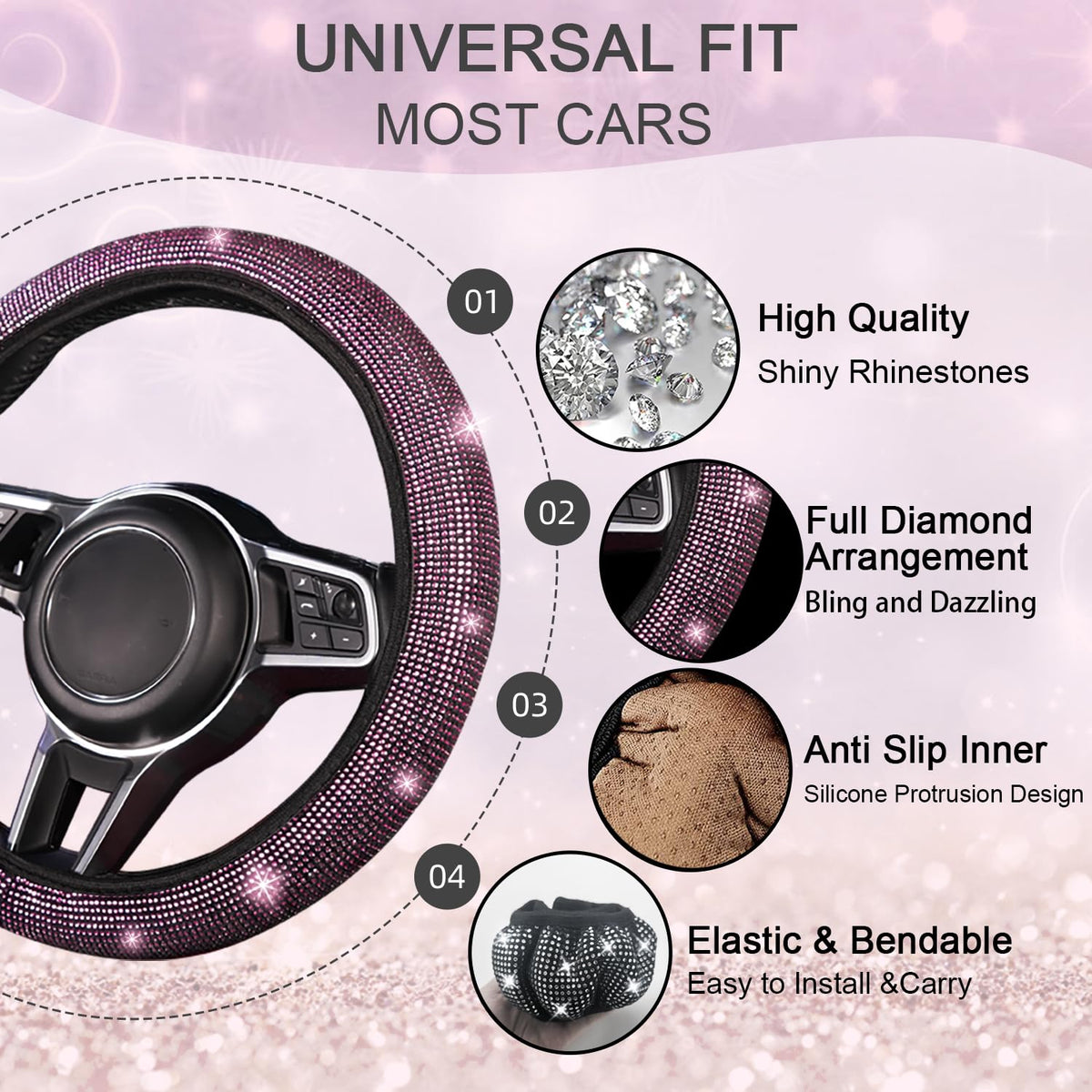 NBTEPEM steering wheel cover close-up showing rhinestone texture and grip