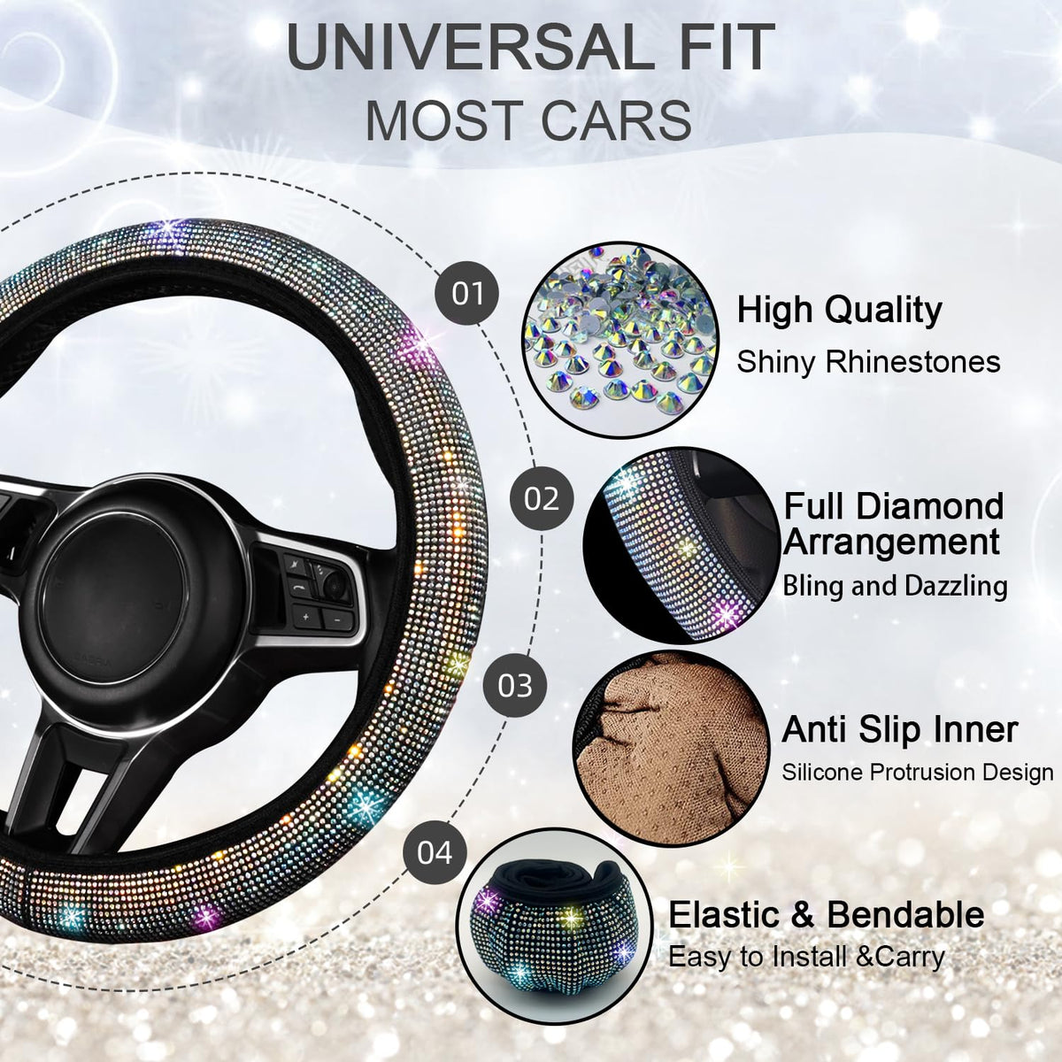 NBTEPEM steering wheel cover close-up showing rhinestone texture and improved grip
