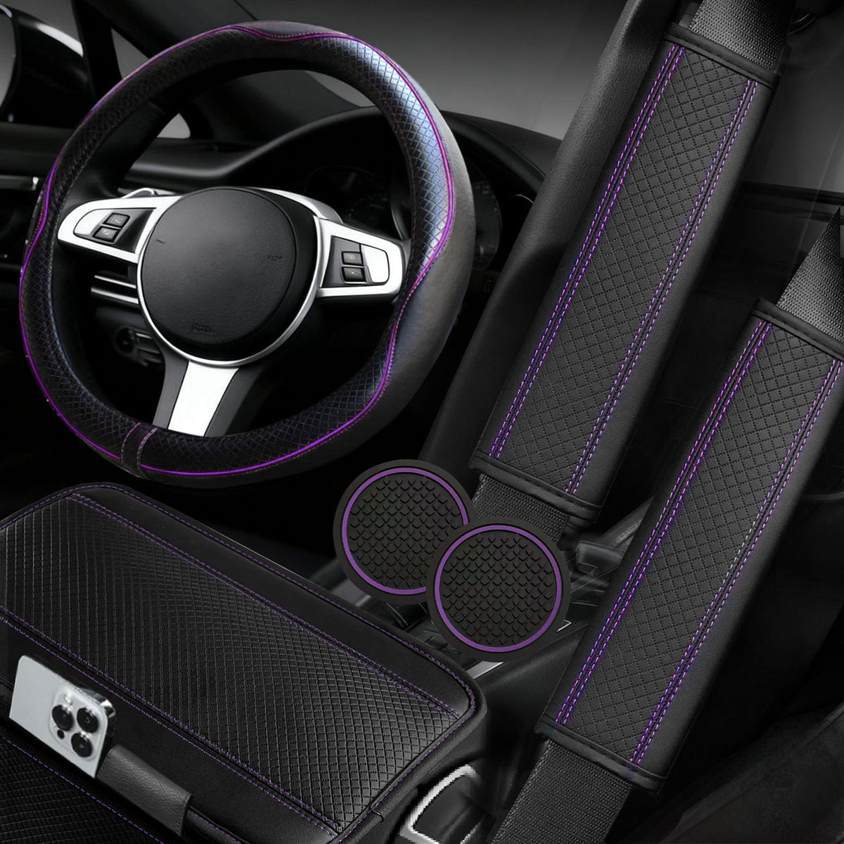 NBTEPEM steering wheel front view showing secure fit and stylish purple finish
