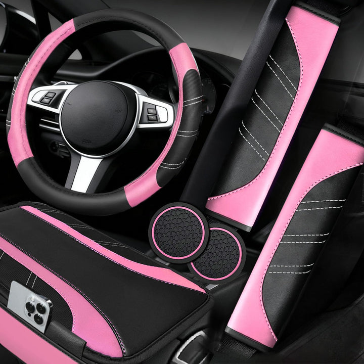 NBTEPEM steering wheel front view showing sporty pink accents and improved grip