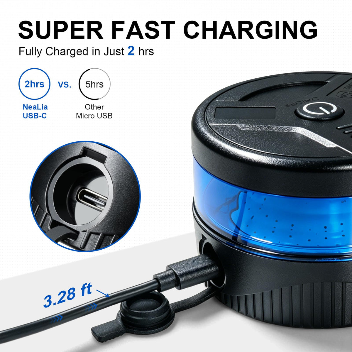 NeaLia USB-C port detail emphasizing fast charging and secure connection