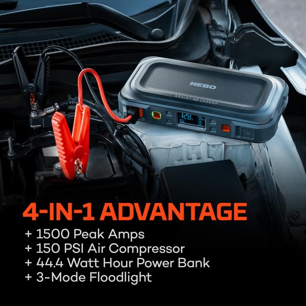 NEBO Assist Air 1500XP clamps and USB ports detail with safe-connection indicators for confidence