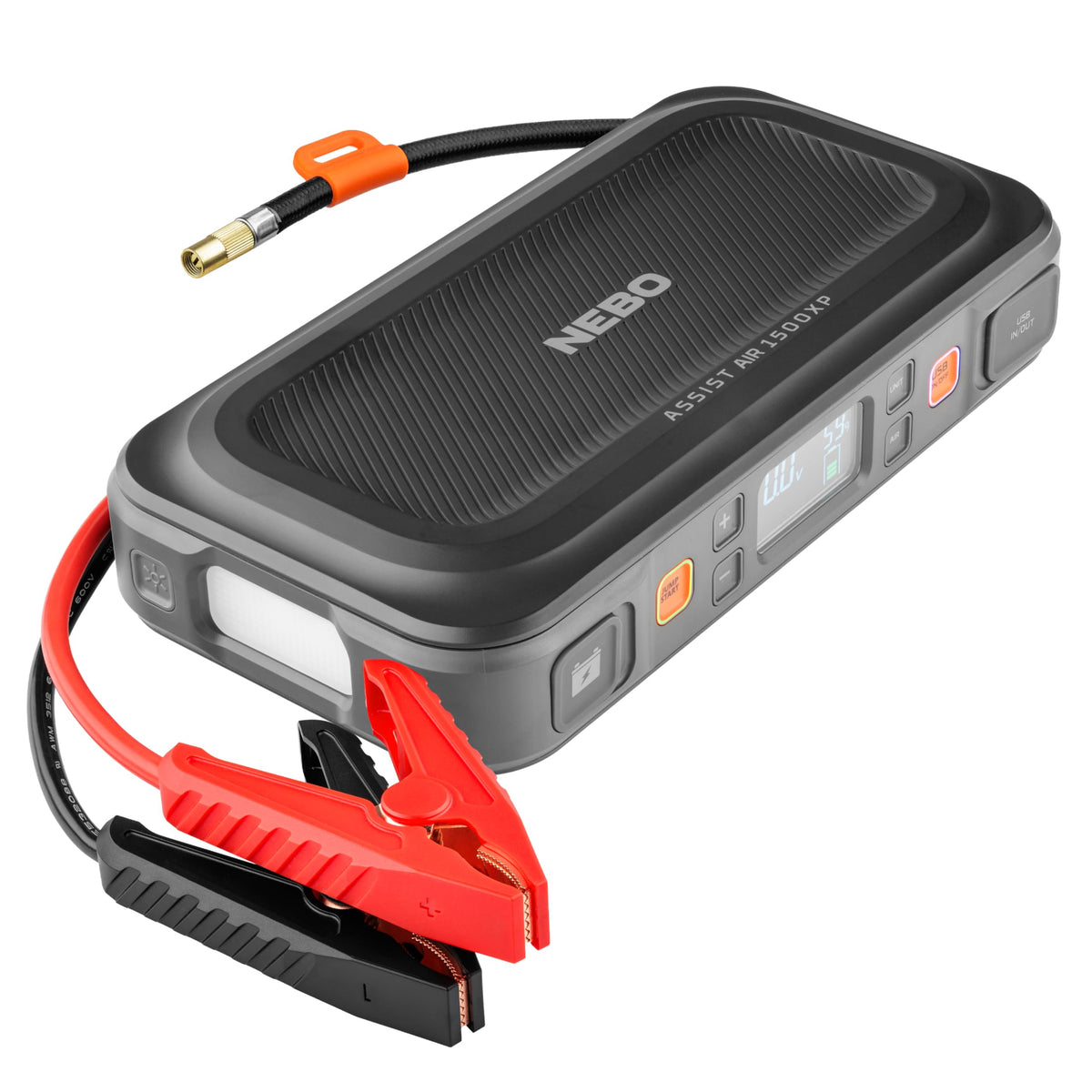 NEBO Assist Air 1500XP front view showing compact design and controls, ready for emergencies