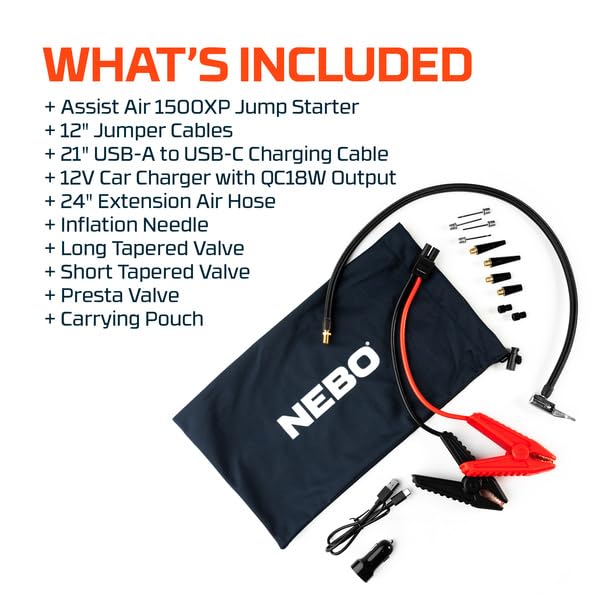 NEBO Assist Air 1500XP stored in a car trunk with other gear illustrating travel readiness
