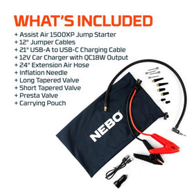 NEBO Assist Air 1500XP stored in a car trunk with other gear illustrating travel readiness