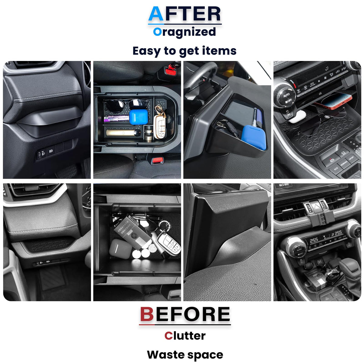 Neepiar armrest storage installed in RAV4 demonstrating phone and sunglasses access