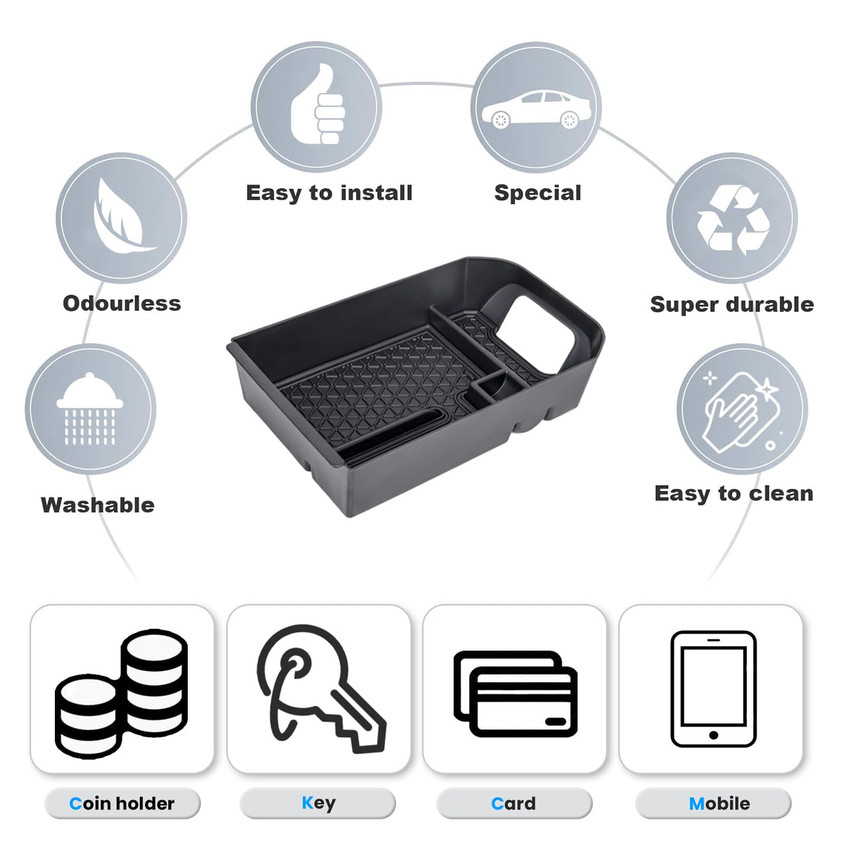 Neepiar dash tray close-up displaying neat receipt and pen storage convenience
