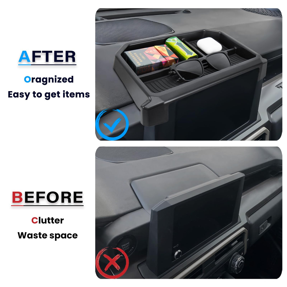 Neepiar tray installed in Tacoma behind screen for tidy dash benefit