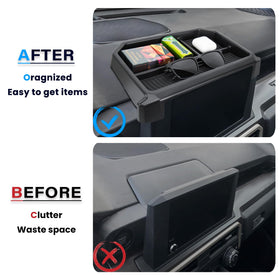Neepiar tray installed in Tacoma behind screen for tidy dash benefit