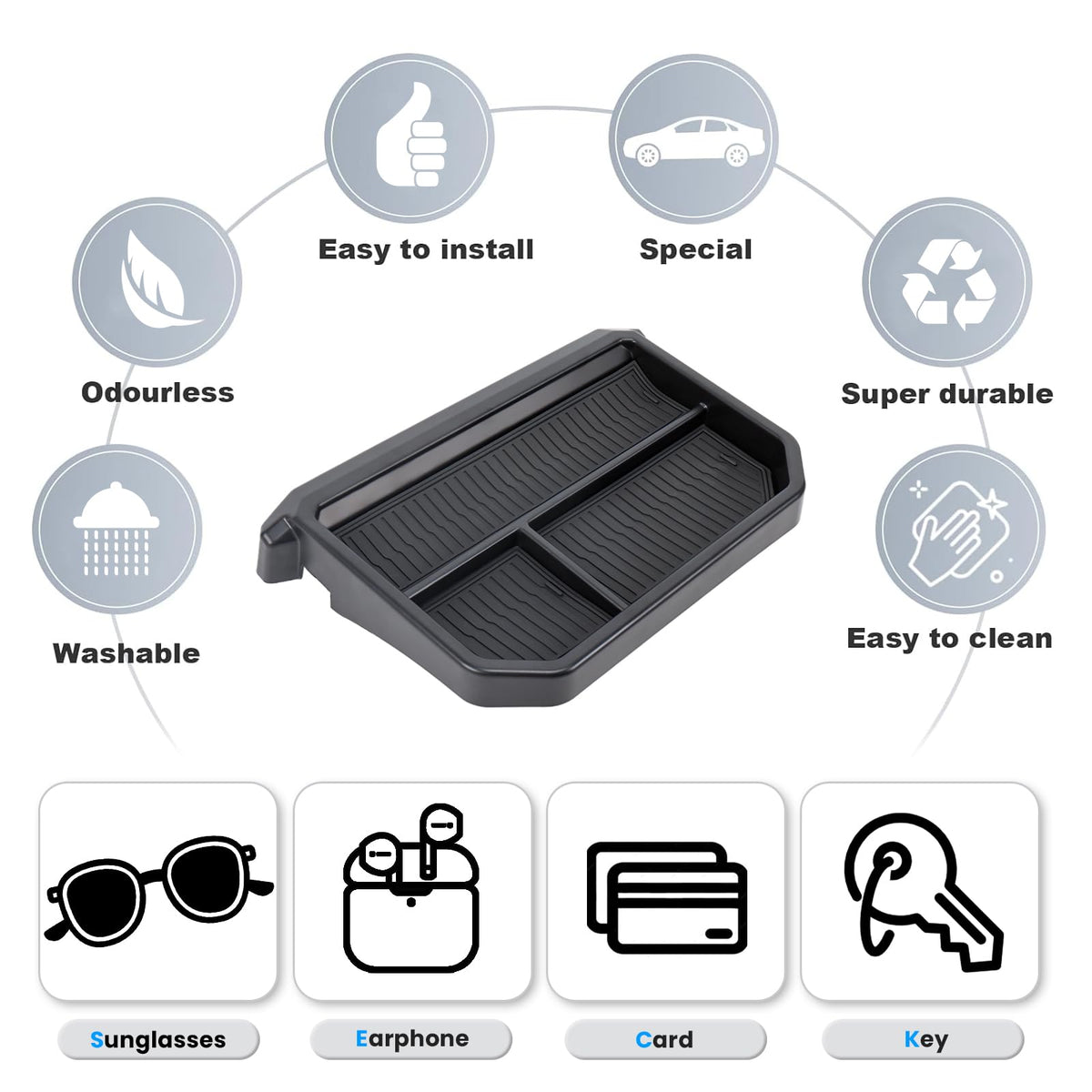 Neepiar tray holding phone and sunglasses for organized access benefit