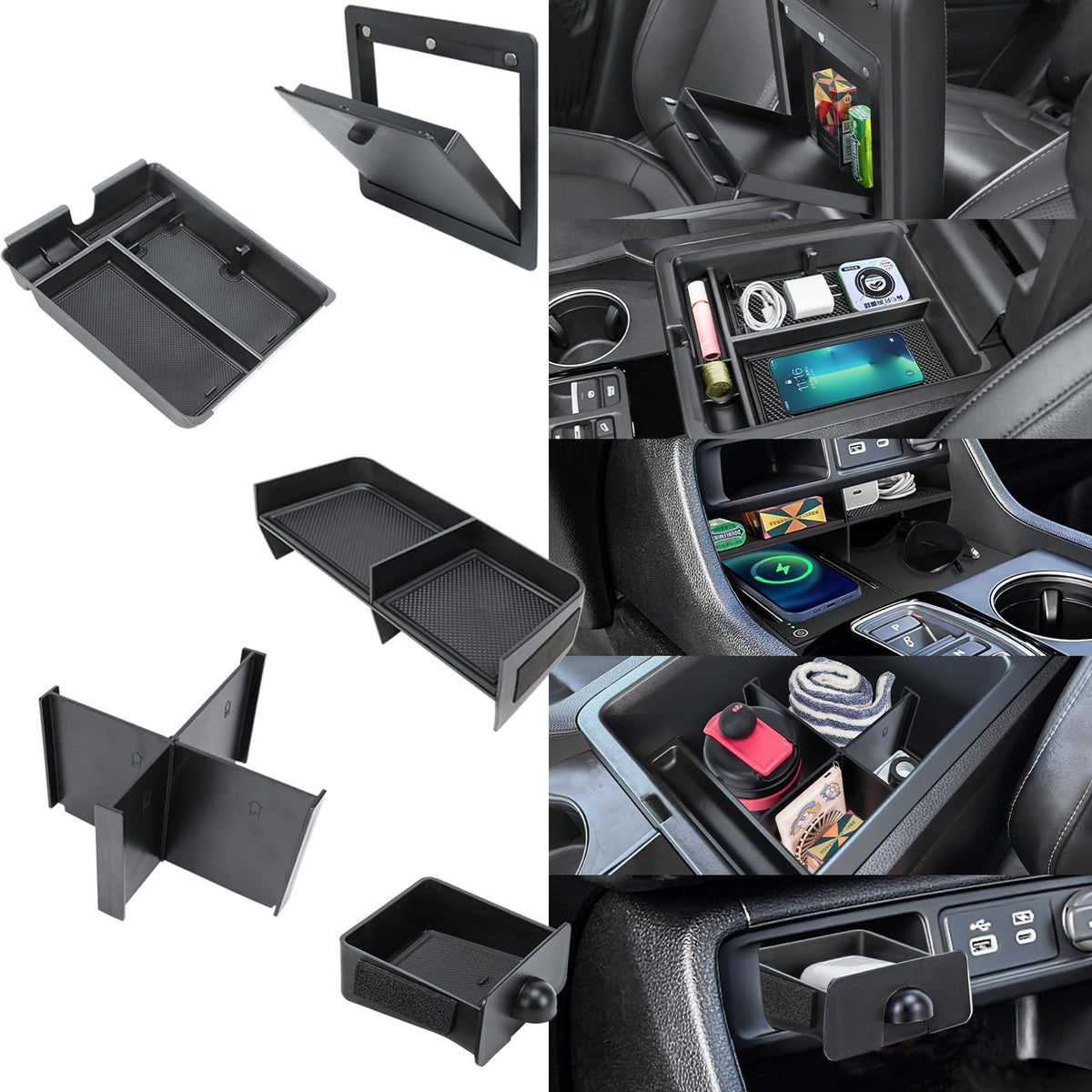 Neepiar front view of assembled center console organizer showing neat storage benefit