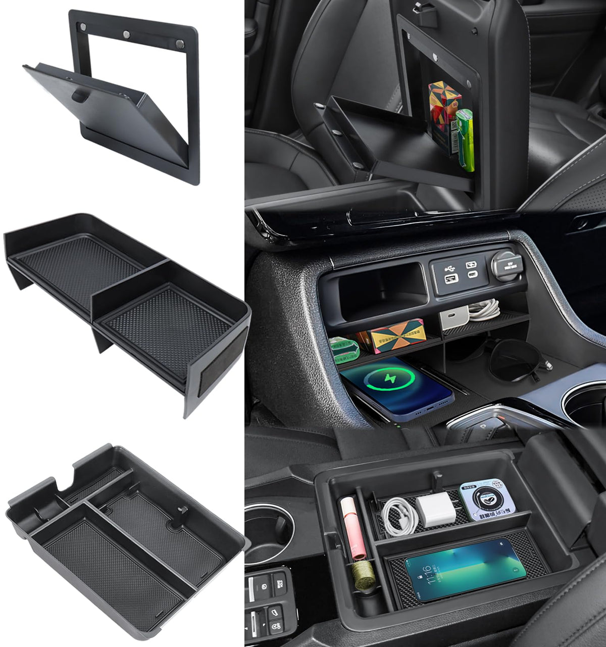Neepiar front view organizer installed in Pilot console showing neat storage benefit