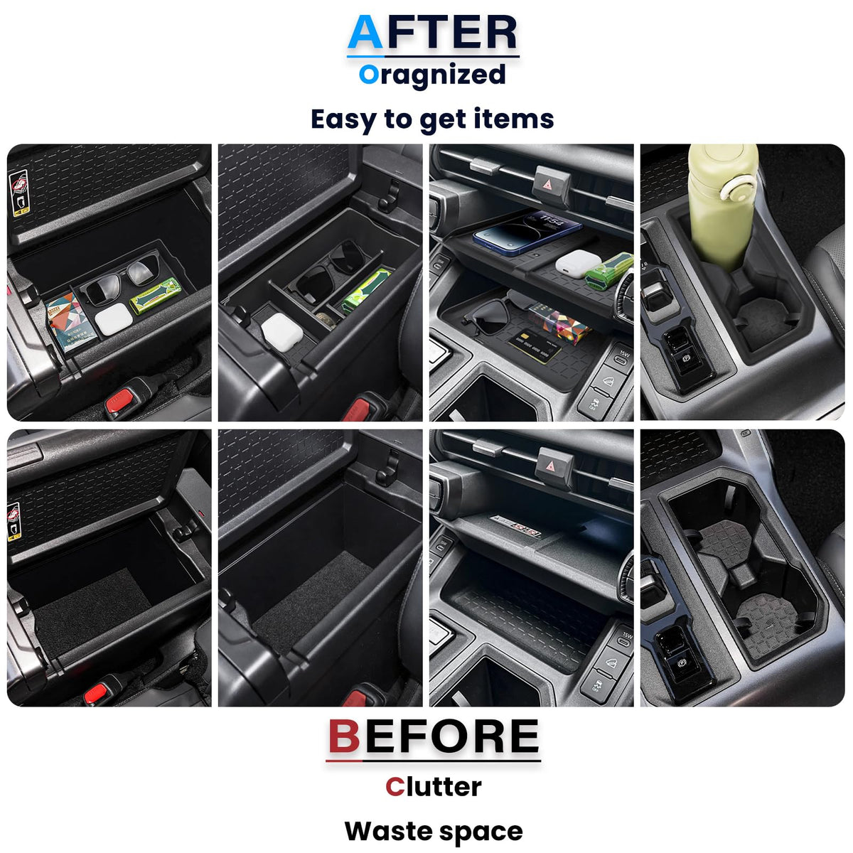 Neepiar lower armrest tray open revealing separated compartments and tidy organization
