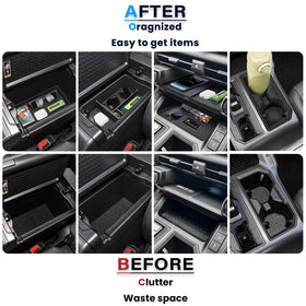 Neepiar lower armrest tray open revealing separated compartments and tidy organization