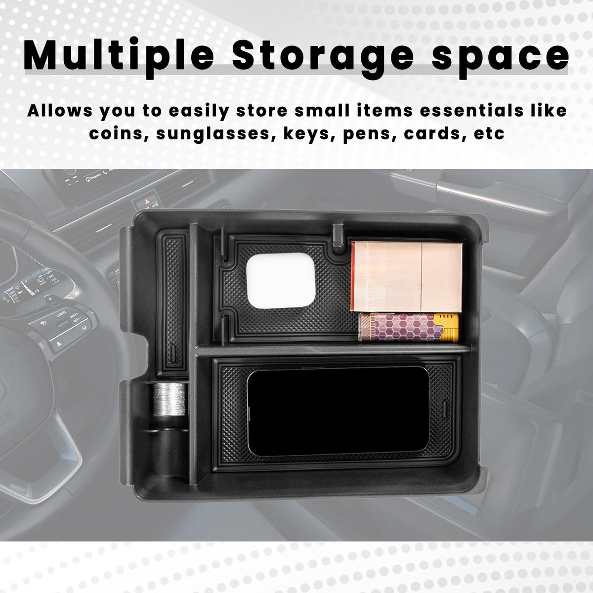 Neepiar organizer next to smartphone showing scale and space-saving benefit