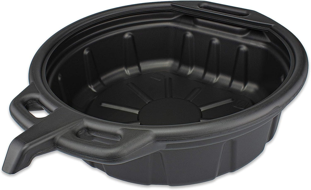 NEIKO front view of black 2‑gallon drain pan, shows durable shape and capacity
