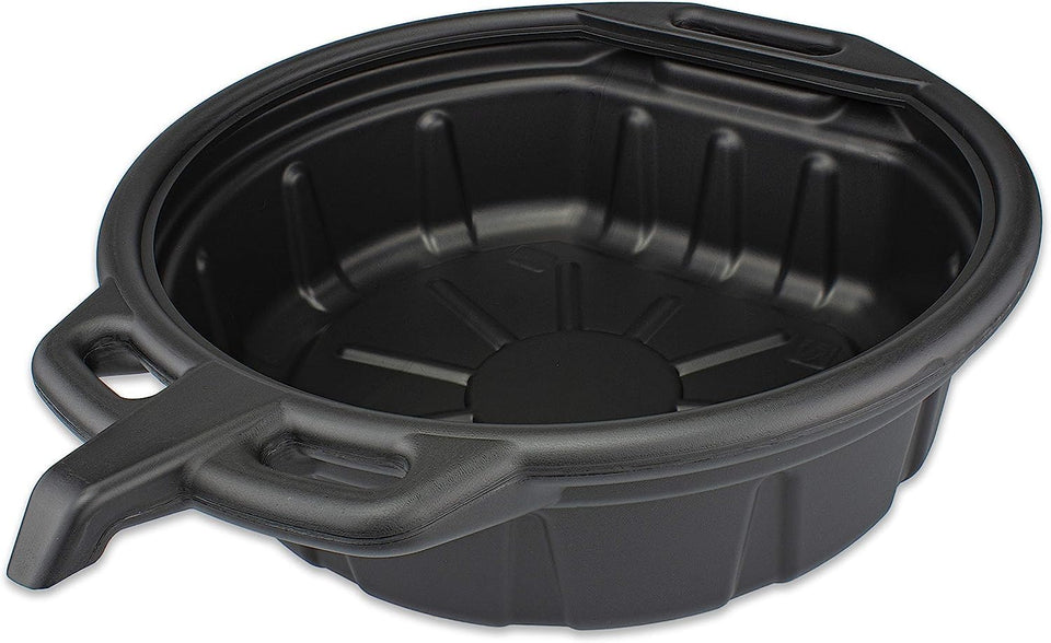 NEIKO front view of black 2‑gallon drain pan, shows durable shape and capacity