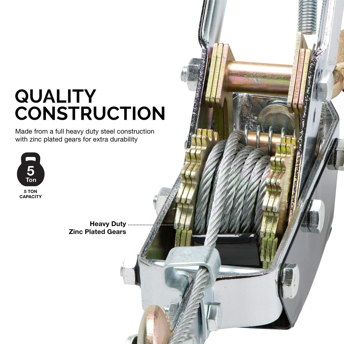 NEIKO close-up of steel cable and safety-latch hook showing corrosion resistance and strength