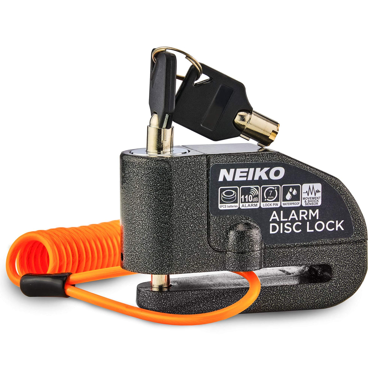 NEIKO disc lock front view showing robust metal body and alarm for visible deterrence