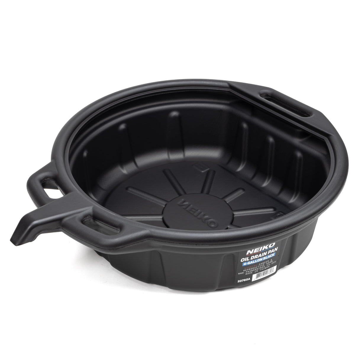 NEIKO front view of 4-gallon drain pan showing capacity and handles for cleaner changes