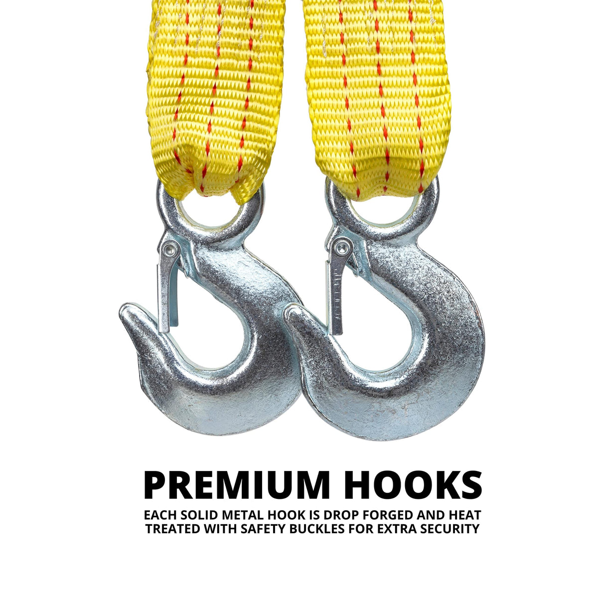 NEIKO close-up of drop-forged hook and safety buckle for secure towing