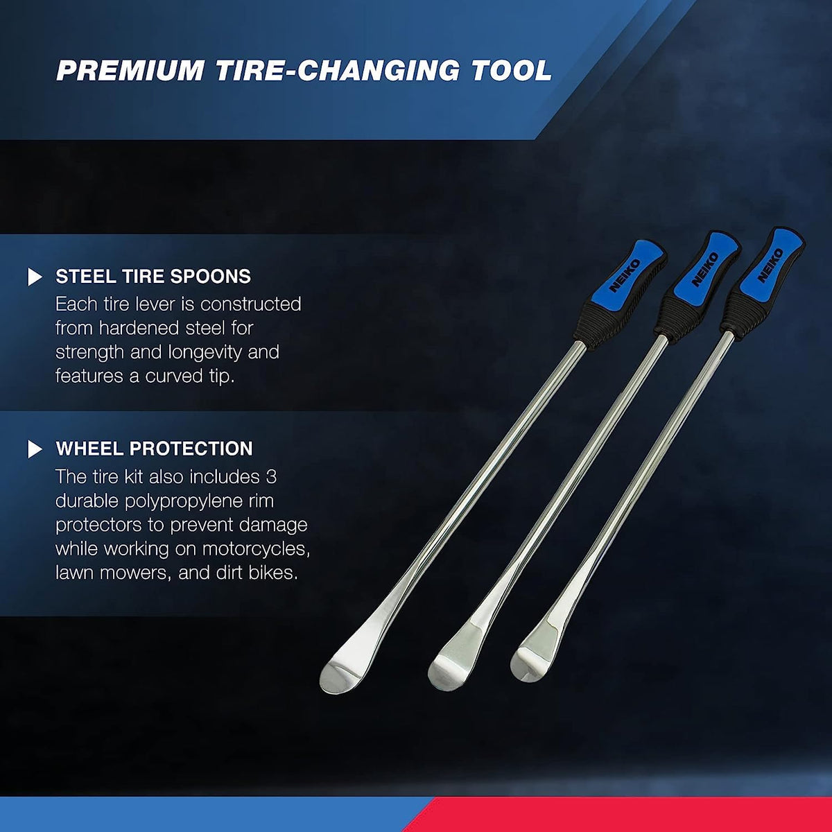 NEIKO close-up curved tip of steel tire spoon demonstrating strong hardened-steel construction and precise leverage