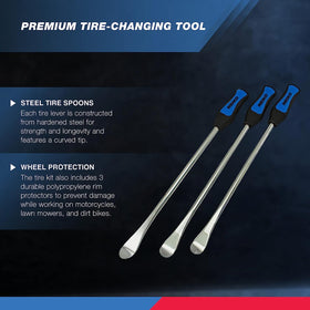 NEIKO close-up curved tip of steel tire spoon demonstrating strong hardened-steel construction and precise leverage