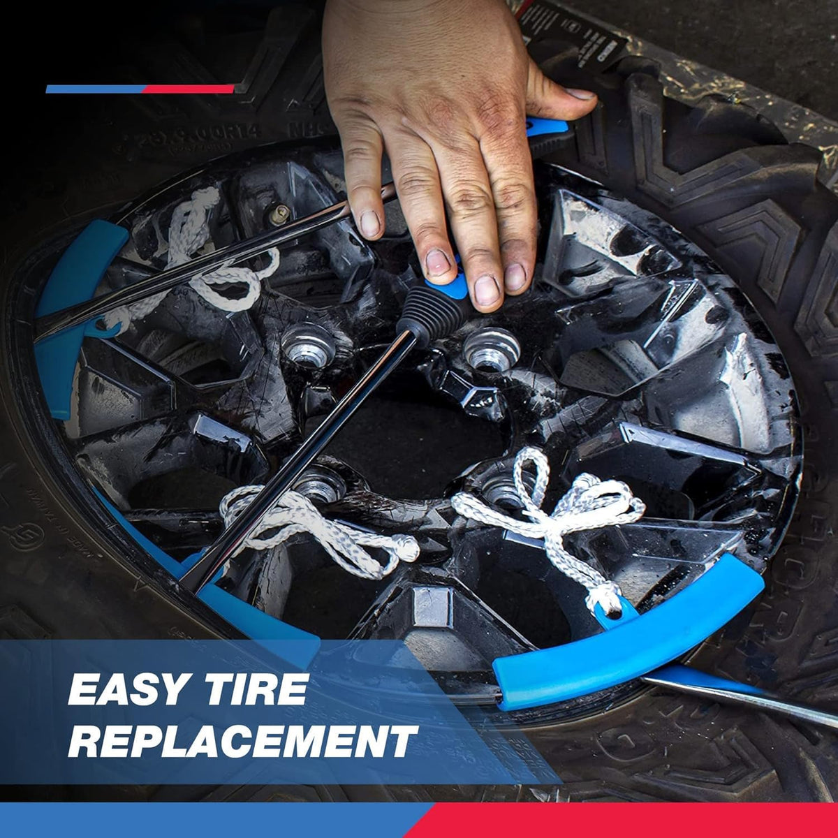 NEIKO tire spoons in use on motorcycle wheel illustrating extra leverage and rim protection during removal