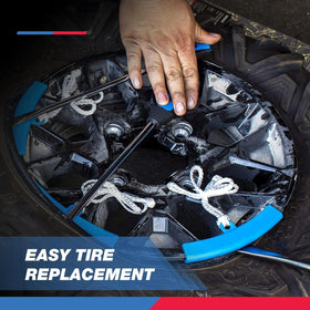 NEIKO tire spoons in use on motorcycle wheel illustrating extra leverage and rim protection during removal