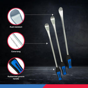 NEIKO valve tool and six brass Schrader valve cores arranged to show multi-function maintenance convenience