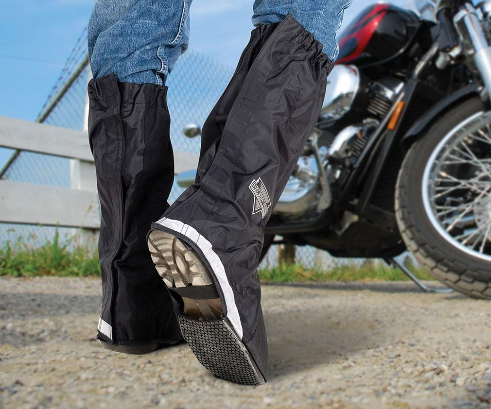Nelson-Rigg boot covers worn on rider boots demonstrating wet-weather protection and visibility