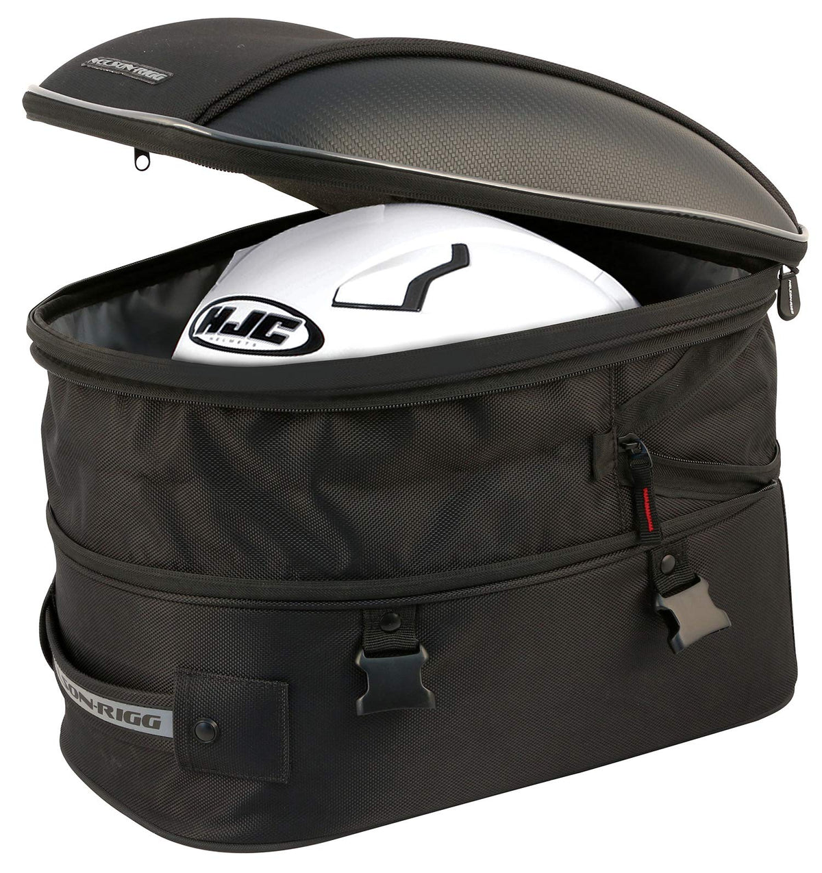 Nelson-Rigg bag expanded beside full-face helmet demonstrating helmet fit