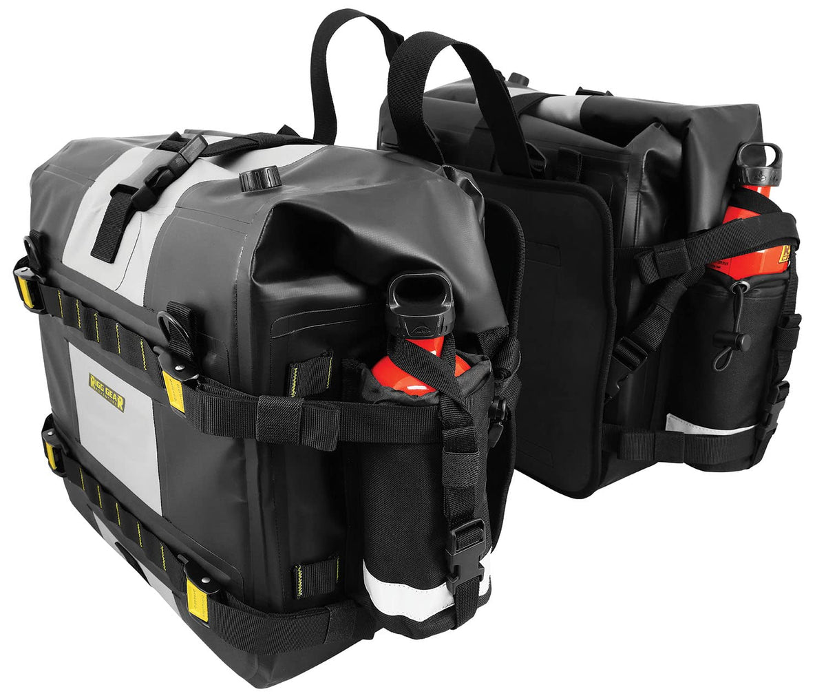 Nelson-Rigg detailed shot of roll-top closure and quick-release buckles securing contents