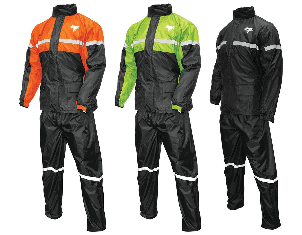 Nelson-Rigg front view of orange black rain suit shows full coverage benefit