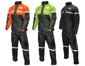 Nelson-Rigg front view of orange black rain suit showing full coverage and visibility