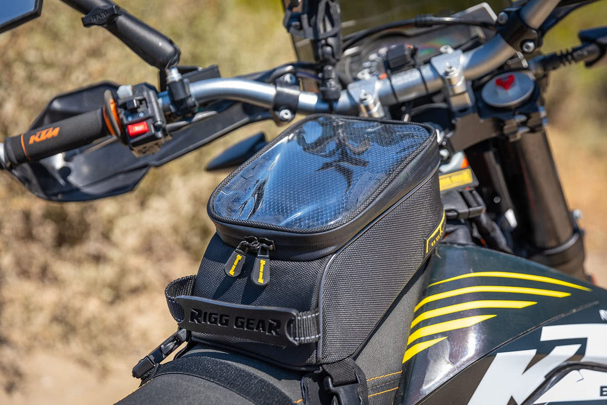 Nelson-Rigg mounted on a dual-sport motorcycle demonstrating low-profile fit