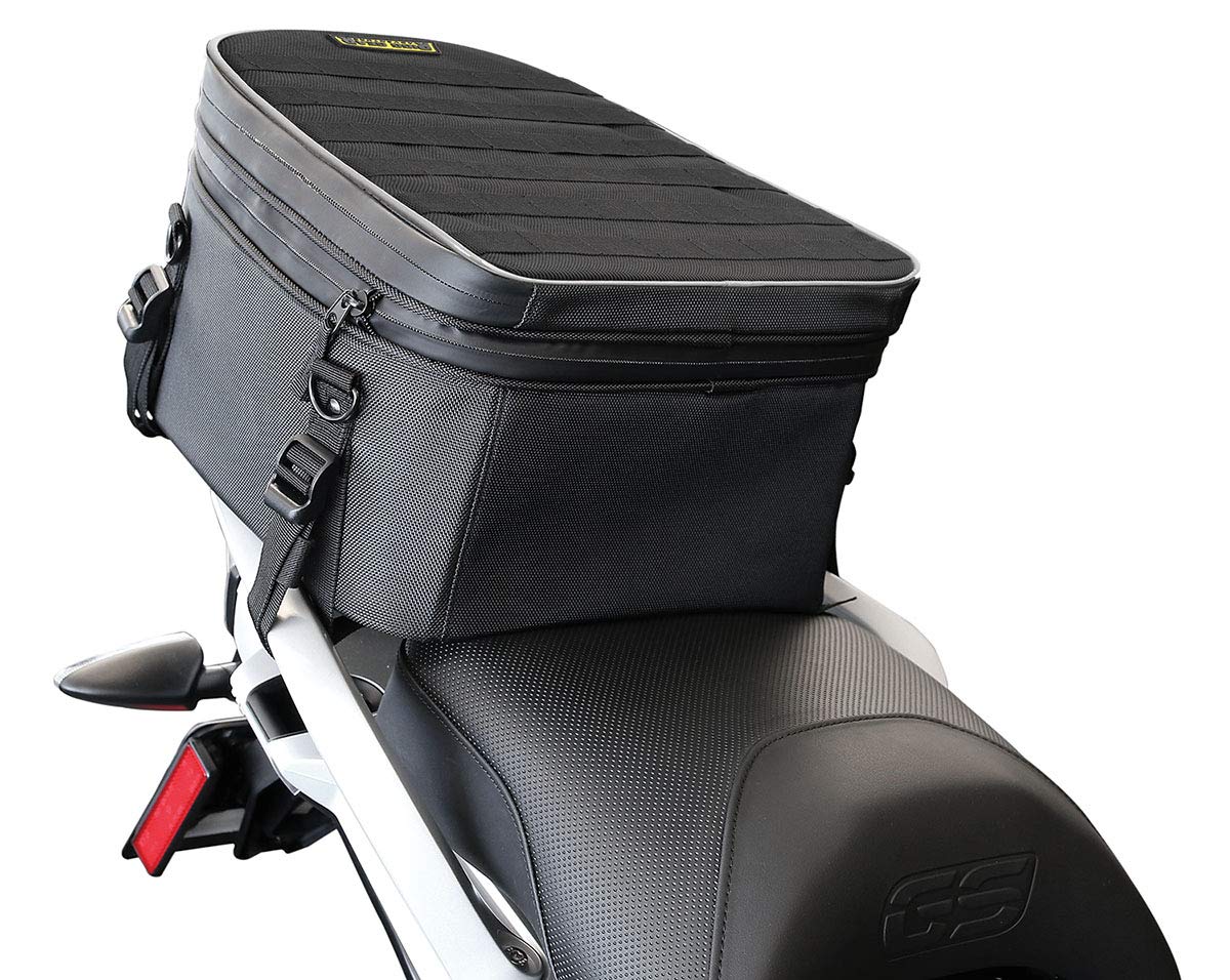 Nelson-Rigg on motorcycle rack illustrating real-world fit