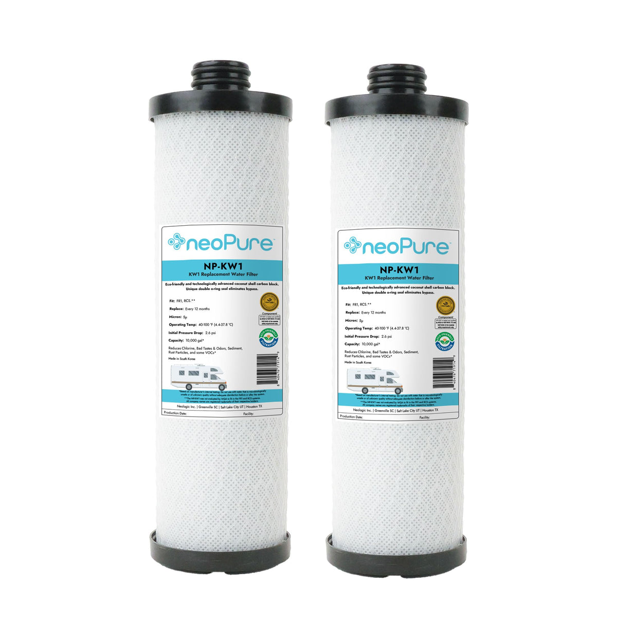 Neo-Pure NP-KW1 front packaging showing two 10-inch filters and brand benefit