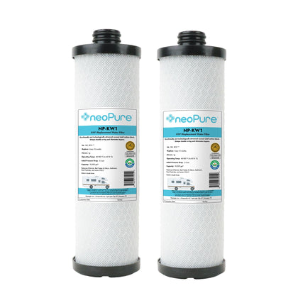 Neo-Pure NP-KW1 front packaging showing two 10-inch filters and brand benefit