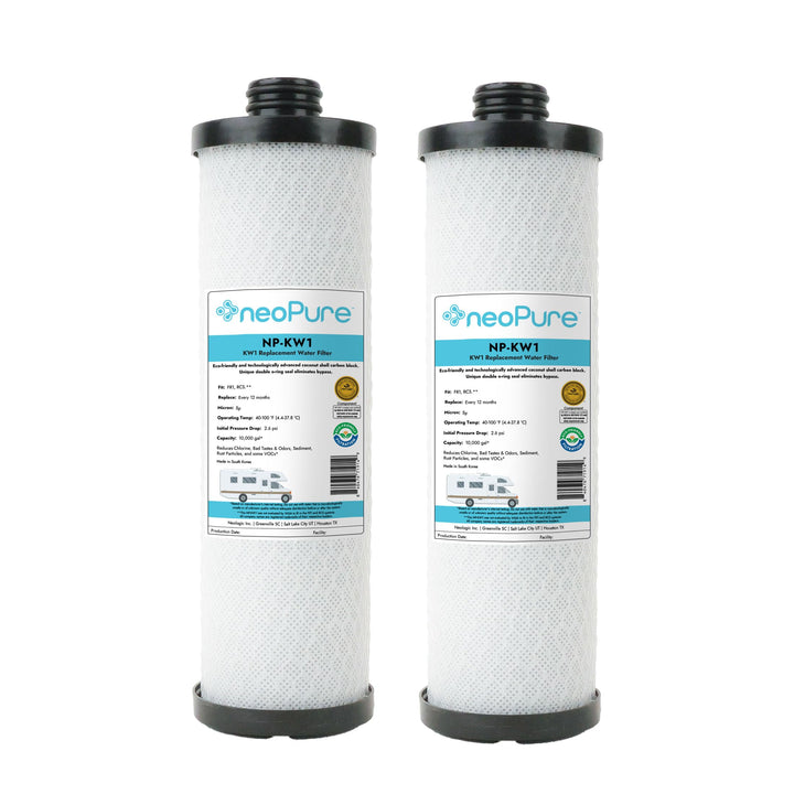 Neo-Pure NP-KW1 front packaging showing two 10-inch filters and brand benefit