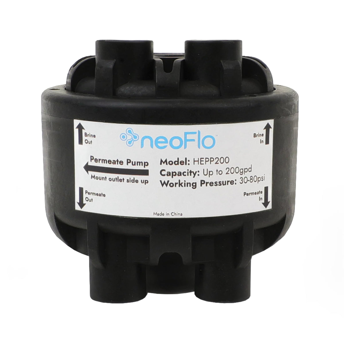 Neo-Pure HEPP200 front view showing compact pump and fittings, boosts RO efficiency