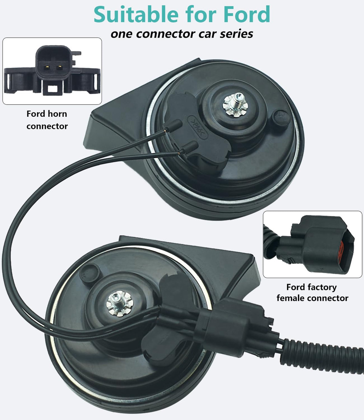NEOGET horn installed in Ford engine bay demonstrating plug-and-play ease