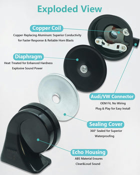 NEOGET horn waterproof ABS shell with water splash demonstrating weather resistance